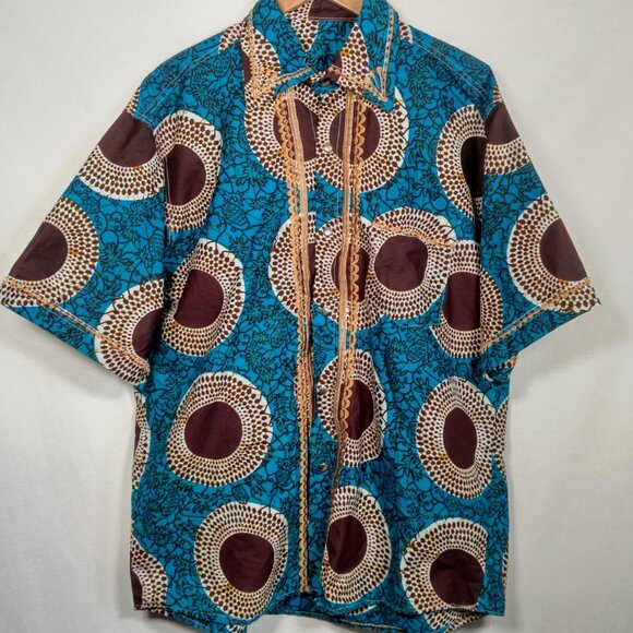 Handmade African Print Shirt Men XL Blue Tribal Mandala Fruit Snap Embroidered - Picture 2 of 16